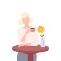 Beautiful Blonde Girl Sitting at Table and Drinking Coffee or Tea, Young Woman Character Holding Tea Cup Flat Vector Royalty Free Stock Photo