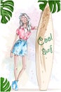 Beautiful blonde girl with surfboard. Pretty sport girl. Summer look. Summer rest.
