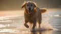 Beautiful blonde golden retriever dog walking running and playing at the beach shore Royalty Free Stock Photo