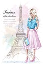 Beautiful blonde hair girl with hand bag. Fashion woman with eiffel tower on background. Hand drawn young woman in fashion clothes