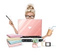 Beautiful blonde hair woman working on laptop computer. Pretty girl sitting at table, holding plastic coffee cup and using pen.