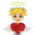 Beautiful blonde little girl angel holding red heart