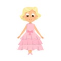 Beautiful Blonde Little Girl in Elegant Pink Dress, Cute Kid Wearing Nice Retro Clothes Cartoon Style Vector