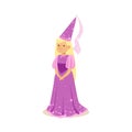 Beautiful blonde little girl princess in a purple ball dress and pointed hat, fairytale costume Royalty Free Stock Photo