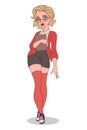 Beautiful blonde secretary girl in red stockings.