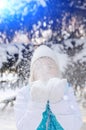 Beautiful blonde smiling girl throws up the snow Royalty Free Stock Photo