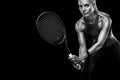 Beautiful blonde sport woman tennis player with racket in red costume Royalty Free Stock Photo