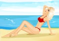 Beautiful blonde sunbathing on the beach looking at the sky