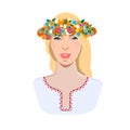 Beautiful blonde swedish girl with flower wreath. Midsummer holiday vector illustration