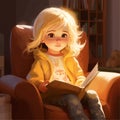 beautiful blonde teenage girl reading a book, realistic illustration