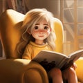 beautiful blonde teenage girl reading a book, realistic illustration