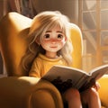 beautiful blonde teenage girl reading a book, realistic illustration, vector