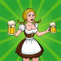 Beautiful blonde with two mugs of beer. Girl oktoberfest pop art. Vector illustration in comic style