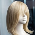 Beautiful blonde wig is put on a mannequin, close-up,