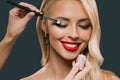 beautiful blonde woman applying glamorous makeup with eyeshadows, Royalty Free Stock Photo