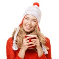 Beautiful blonde woman with an aromatic hot coffee in hands. Royalty Free Stock Photo