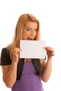 Beautiful blonde woman with blank banner for commercials isolate Royalty Free Stock Photo