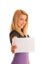 Beautiful blonde woman with blank banner for commercials isolate