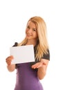 Beautiful blonde woman with blank banner for commercials isolate Royalty Free Stock Photo