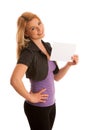 Beautiful blonde woman with blank banner for commercials isolate Royalty Free Stock Photo