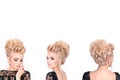 Beautiful blonde woman in elegant black low cut evening dress with updo hairstyle. Front, side and back view isolated on Royalty Free Stock Photo