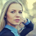 Beautiful blonde woman face. Close up portrait of a fashion female model Royalty Free Stock Photo