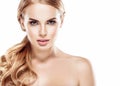 Beautiful blonde woman face close up portrait studio on white Royalty Free Stock Photo