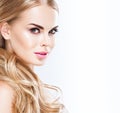 Beautiful blonde woman face close up portrait studio on white Royalty Free Stock Photo