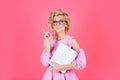 Beautiful blonde woman model wear glasses, hold book. Beauty freelancer, sexy secretary, business woman. Retro pinup