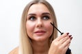 Beautiful blonde woman paints eyelashes. Beautiful female face. Makeup Read More Beauty girl with perfect skin. Makeup