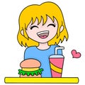 Beautiful blonde woman is ready to eat burger junk food, doodle icon image kawaii Royalty Free Stock Photo