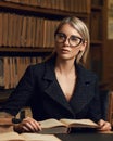 Female model sitting at desk and reading book at library Royalty Free Stock Photo