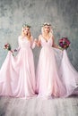 Beautiful Blonde Women in Pink Evening Gown Smiling