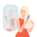 Beautiful Blonde Young Woman Combing her Hair Looking at Herself in Mirror Cartoon Style Vector Illustration