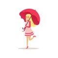 Beautiful blonde young woman in pink dress standing with umbrella flat vector illustration