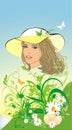 Beautiful blondy in a hat among flowers Royalty Free Stock Photo