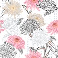 Beautiful blooming blooming chrysanthemum layer with stripe polka dots seamless pattern in vector design