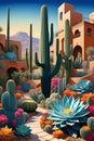 A beautiful blooming cactus garden in a desert oasis, with blueprints architectural, bold painting, abstract art