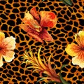 Beautiful blooming flower on animal skin. Leopard seamless pattern vector print