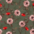 Beautiful blooming garden peonies Floral vintage mood seamless pattern in vector EPS10. Oriental Illustration art.Design for