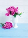 Beautiful blooming vase summer peony greeting romantic elegance vintage bouquet on wooden background birthday