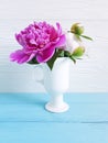 Beautiful blooming vase summer peony romantic elegance vintage bouquet on wooden background birthday