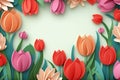 Beautiful blooming pink tulips paper cutouts frame with space for text. Modern colorful floral card template. Spring flowers Royalty Free Stock Photo