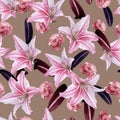 Beautiful blooming Seamless floral pattern of exotic tropical lilies flowers and leaves