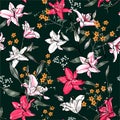Beautiful blooming seamless pattern with white and pink Lilly. Hand drawing illustration