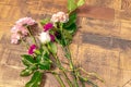 Beautiful blossom flowers lay on wood table for arrangement