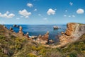 Beautiful blossoming Atlantic Ocean coastline landscape Arnia Beach, Biskaya, Cantabria, Spain. Royalty Free Stock Photo