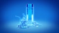 Beautiful blue background with a glass of water, ice and a bottle of mineral water Royalty Free Stock Photo