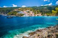 Beautiful blue bay in Assos village located on Kefalonia. Summer tourism vacation trip around Greece