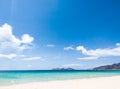 Beautiful blue beach panoramic sea view, with clean Azure water, blue sky, white clouds. Idyllic cloudscape Royalty Free Stock Photo